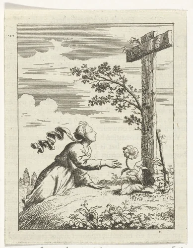 Gepersonifieerde ziel voor een kruis op een heuvel by Jan Luyken, print, 1678-1687