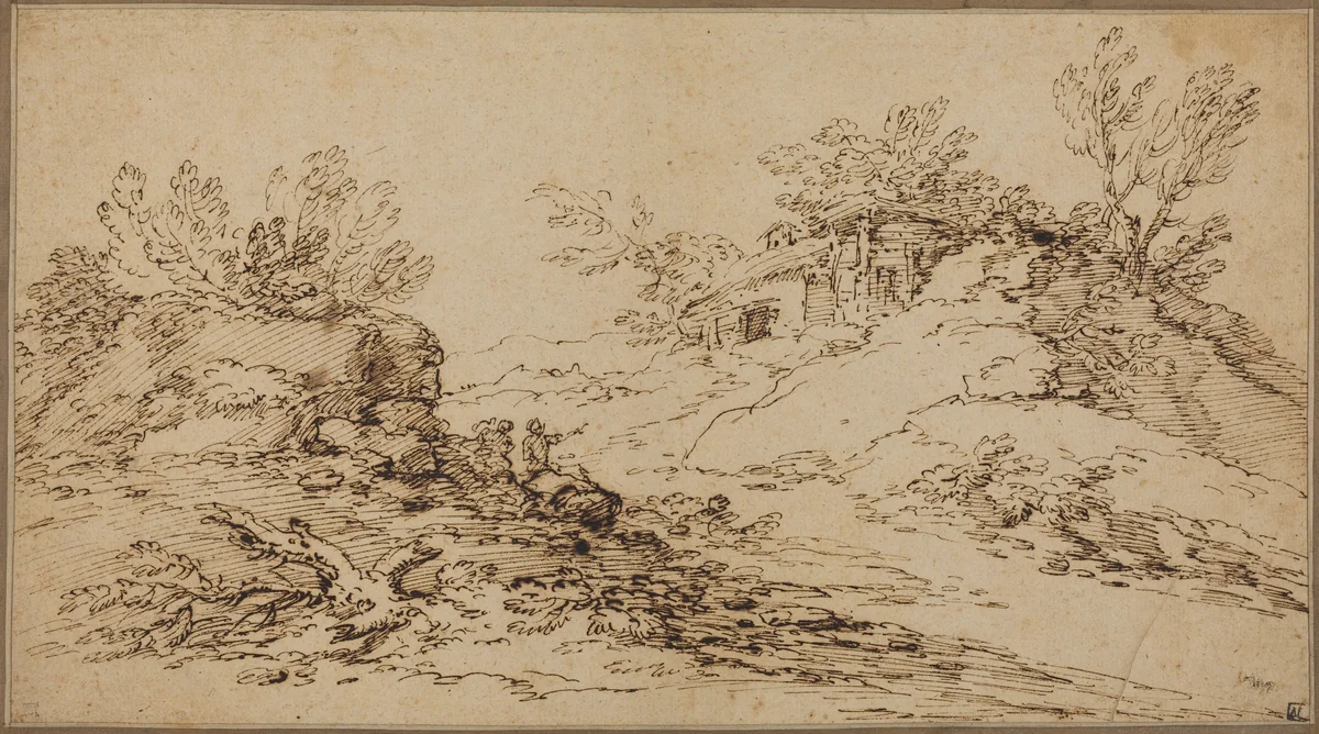 Rocky Landscape with a Rustic House by Salvator Rosa, drawing, 1615-1673