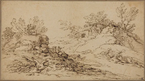 Rocky Landscape with a Rustic House by Salvator Rosa, drawing, 1615-1673