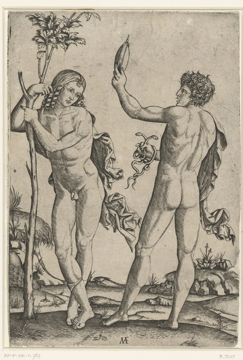 Naakte man leunend tegen boom en naakte man met spiegel en twee slangen by Unknown, print, 1510-1527