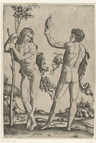 Naakte man leunend tegen boom en naakte man met spiegel en twee slangen by Unknown, print, 1510-1527