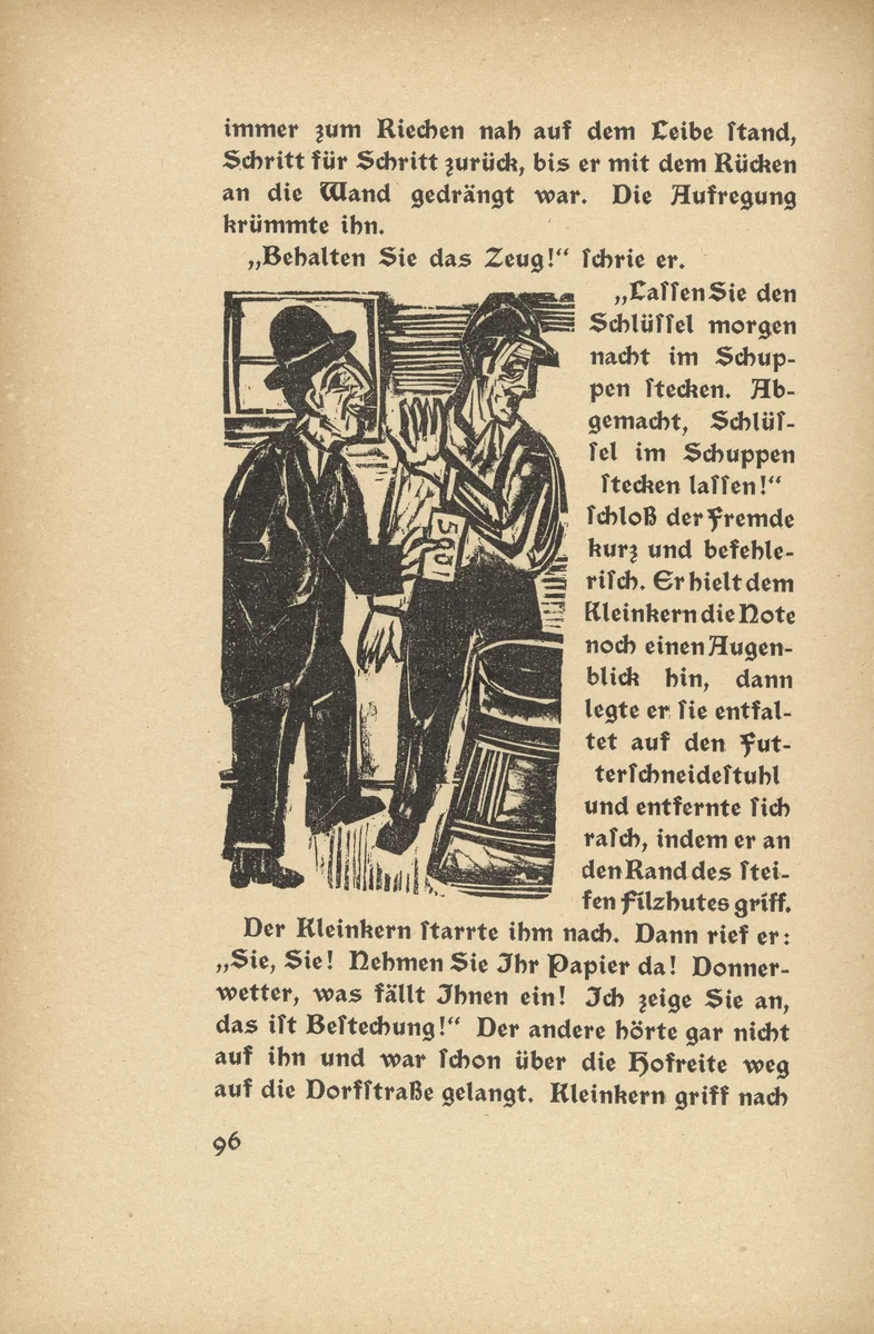 Downfall: Kleinkern and the Stranger (Niedergang: Kleinkern und der Fremde) (in-text plate, page 96) from Neben der Heerstrasse (Off the Main Road) by Ernst Ludwig Kirchner, illustrated book, 1923