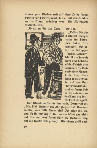 Downfall: Kleinkern and the Stranger (Niedergang: Kleinkern und der Fremde) (in-text plate, page 96) from Neben der Heerstrasse (Off the Main Road) by Ernst Ludwig Kirchner, illustrated book, 1923