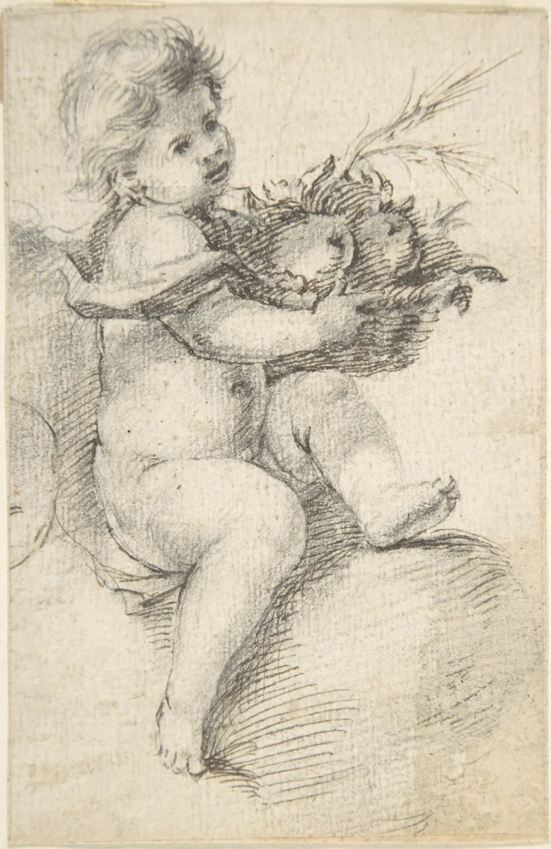 Seated Putto Holding a Basket of Fruit by anonymous, drawing, 1600-1700