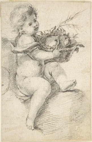 Seated Putto Holding a Basket of Fruit by anonymous, drawing, 1600-1700