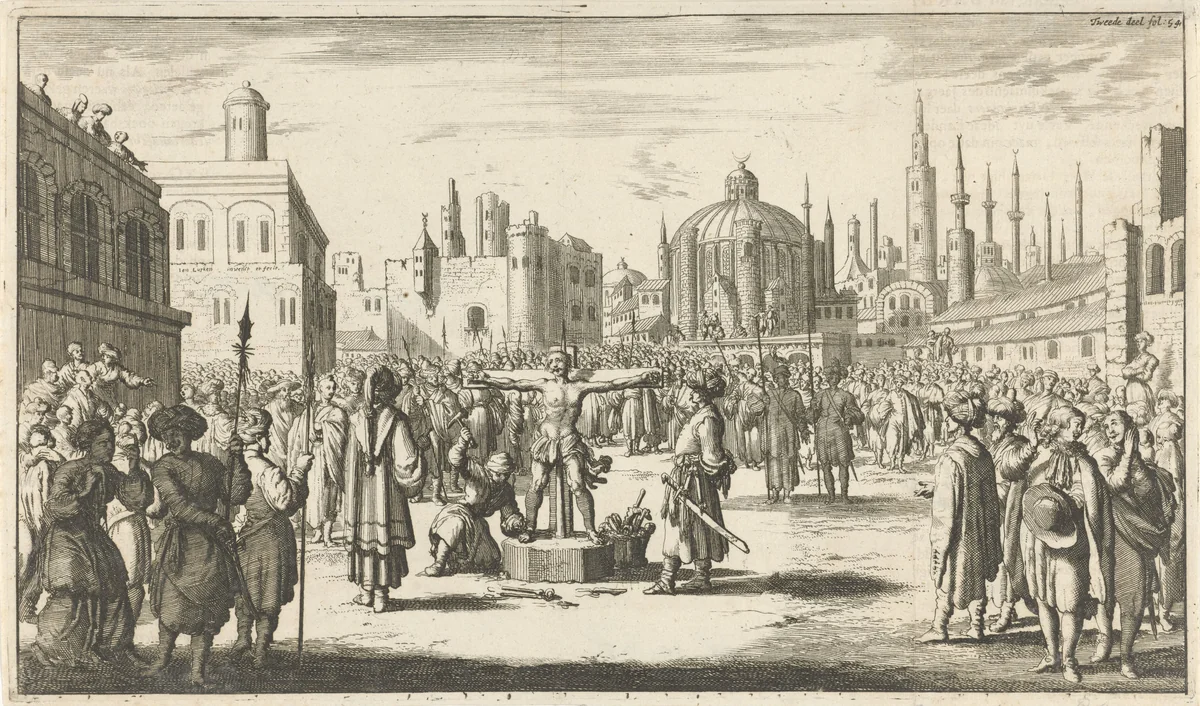 Gestrafte Spaanse bekeerling op plein in Algiers, ca. 1623 by Jan Luyken, print, 1684