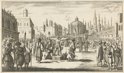 Gestrafte Spaanse bekeerling op plein in Algiers, ca. 1623 by Jan Luyken, print, 1684