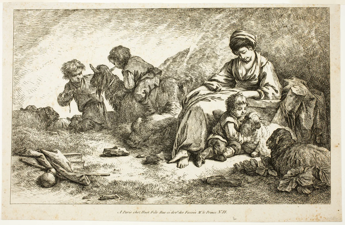 Mother and Children with Sheep by Jean Baptiste Huet, print, 1765-1811