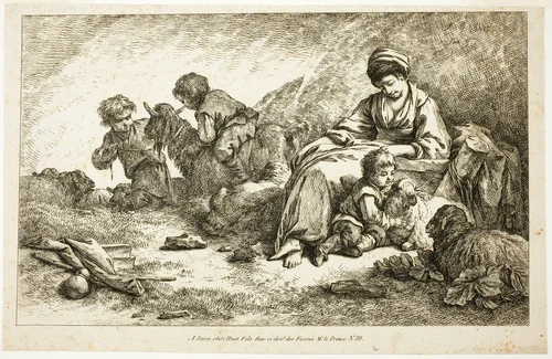Mother and Children with Sheep by Jean Baptiste Huet, print, 1765-1811