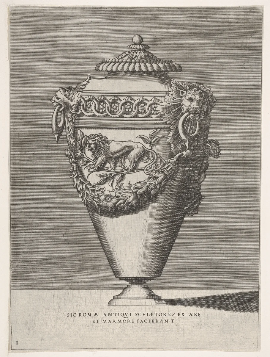 Antique Lidded Urn Decorated with a Motif of Diamond Rings and Lions, from "Vases after the Antique" by Enea Vico, print, 1543-1573