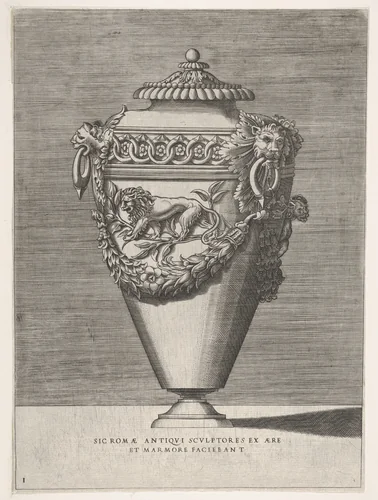 Antique Lidded Urn Decorated with a Motif of Diamond Rings and Lions, from "Vases after the Antique" by Enea Vico, print, 1543-1573