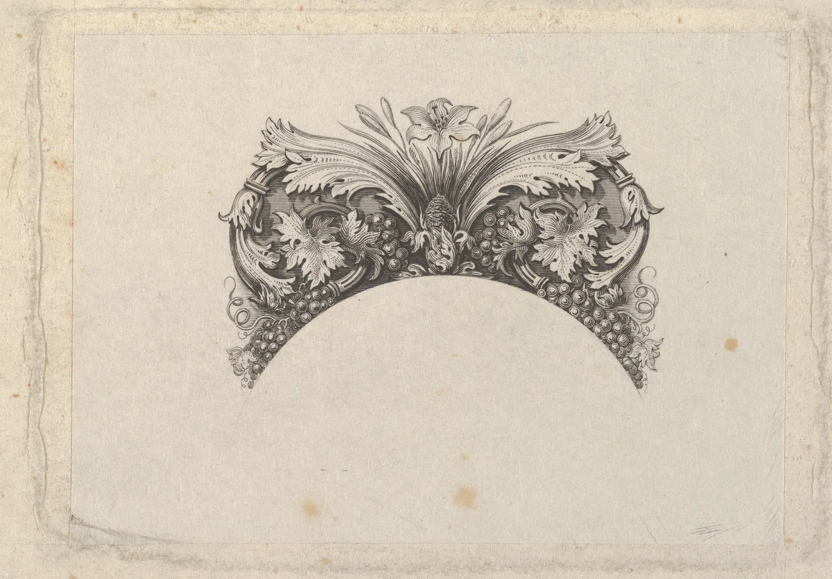 Arched framing element for banknote, with acanthus and vine leaves, lily and grapes by Asher Brown Durand, print, 1819-1837