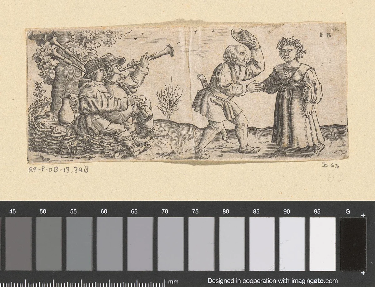 Muzikanten onder een boom, daarnaast een boer die een boerin ten dans vraagt by Unknown, print, 1559-1596