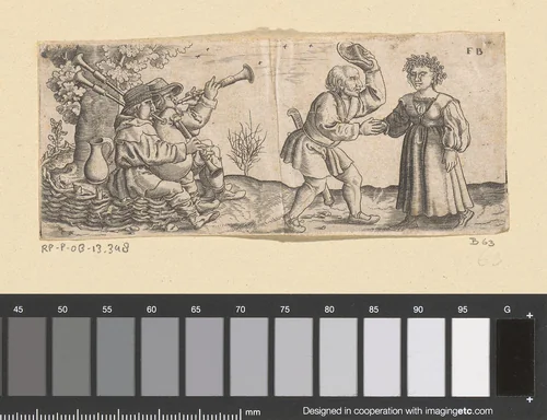 Muzikanten onder een boom, daarnaast een boer die een boerin ten dans vraagt by Unknown, print, 1559-1596
