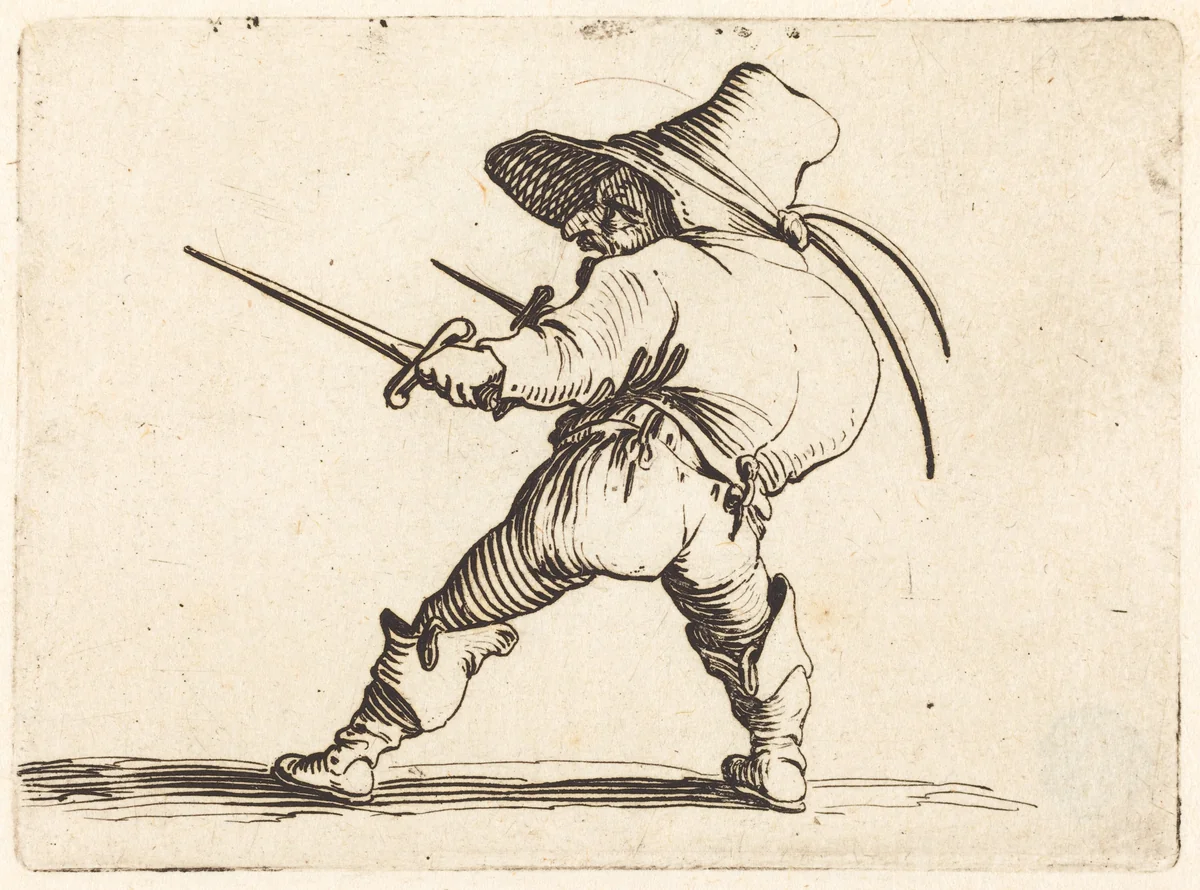 Duellist with Sword and Dagger by Jacques Callot, print, 1622