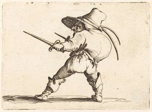 Duellist with Sword and Dagger by Jacques Callot, print, 1622