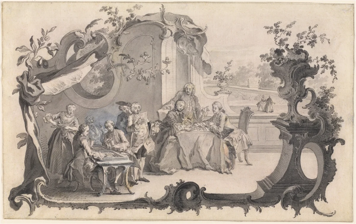 An Elegant Company Playing Board Games by Johann Esaias Nilson, drawing, 1756