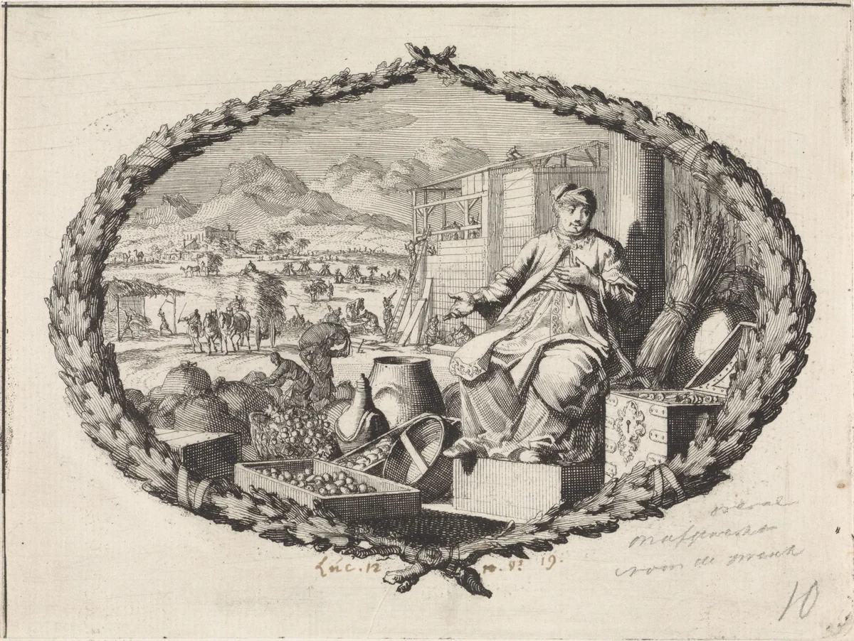 Gelijkenis van een hebzuchtige boer by Jan Luyken, print, 1700