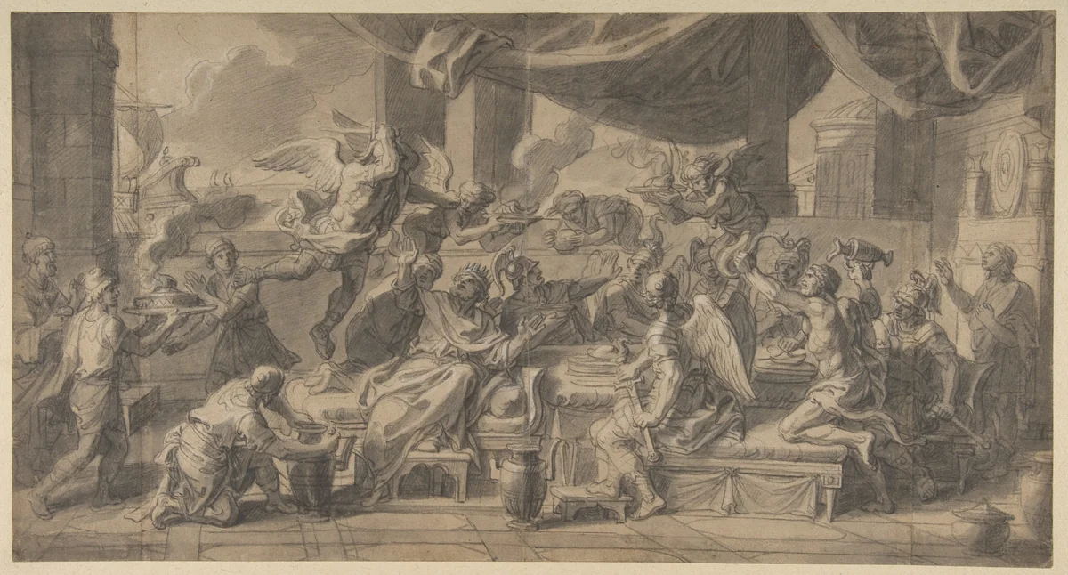 The Harpies Driven from the Table of King Phineus by Zetes and Calais by François Verdier, drawing, 1665-1730
