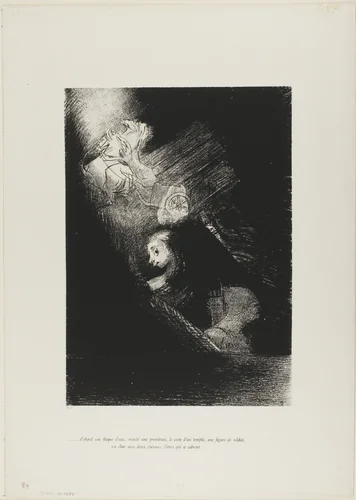 First a pool of water, then a prostitute, the corner of a temple, a soldier's face, a chariot with two rearing white horses, plate 1 from The Temptation of Saint Anthony (1st series) by Odilon Redon, print, 1888