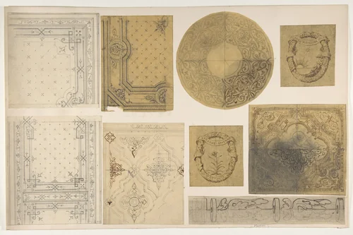 Nine designs for the painted decoration of an interior, possibly for the Hôtel Rothschild, Vienna by Jules-Edmond-Charles Lachaise, drawing, 1845-1900