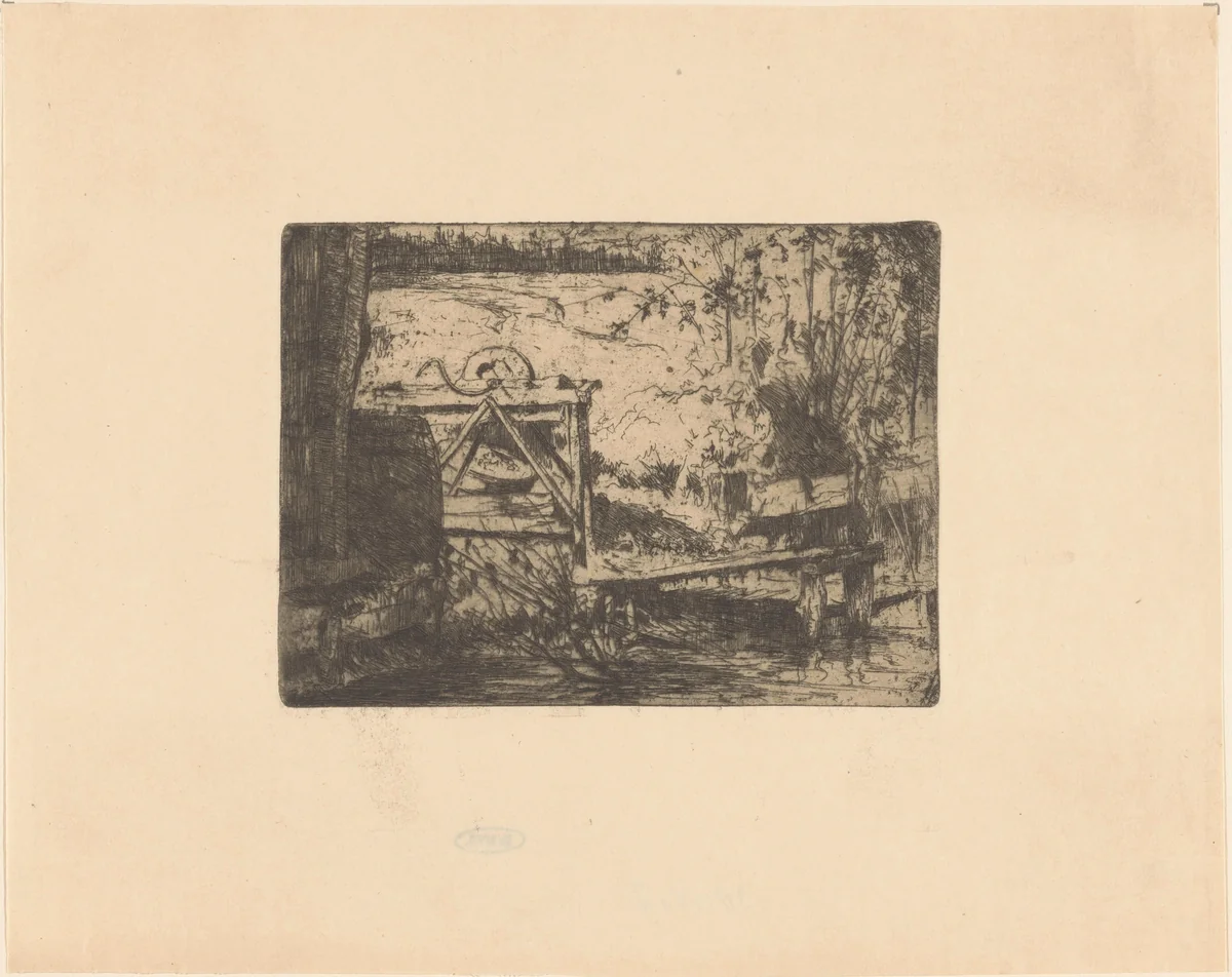 Slijpblok op een oever by Willem Adrianus Grondhout, print, 1888-1934