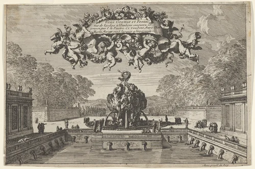 View of a Garden with a Water Basin and Large Fountain, title page from "Grottes et fontaines de jardins à l'italienne" by Jean Le Pautre, print, 1618-1682