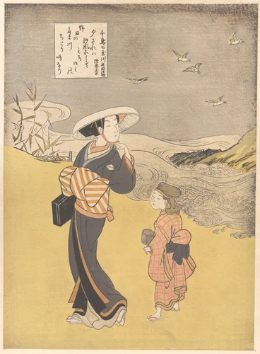 “The Jewel River of Plovers, a Famous Place in Mutsu Province,” from the series Six Jewel Rivers (Mu Tamagawa: Chidori no Tamagawa, Mutsu meisho) by Suzuki Harunobu (鈴木春信), print, 1766