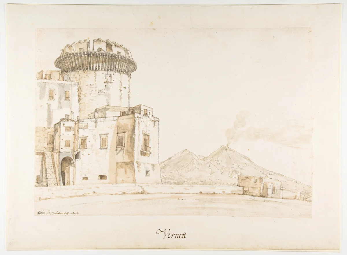 The Castel Nuovo in Naples, with a View of Mount Vesuvius by Joseph Vernet, drawing, 1732-1758