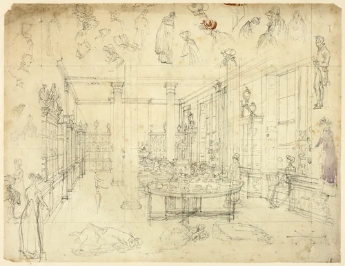 Study for Wedgwood and Byerly, York Street, St James' Square from London in Miniature (recto); Sketches of Women, Cabinet (verso) by Augustus Charles Pugin
Thomas Rowlandson, drawing, 1807-1809
