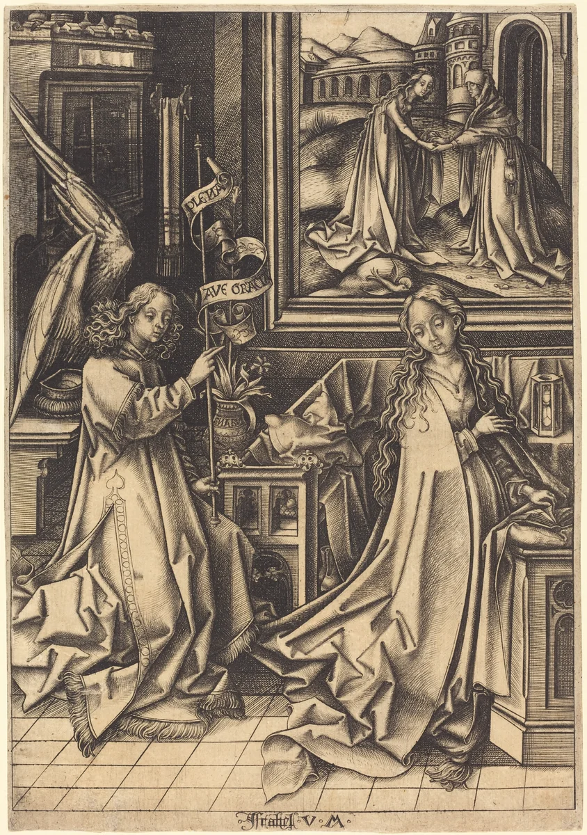 The Annunciation by Israhel van Meckenem; Hans Holbein the Elder, print, 1490-1500
