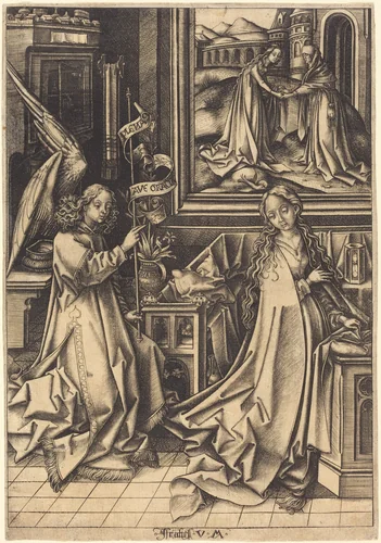 The Annunciation by Israhel van Meckenem; Hans Holbein the Elder, print, 1490-1500