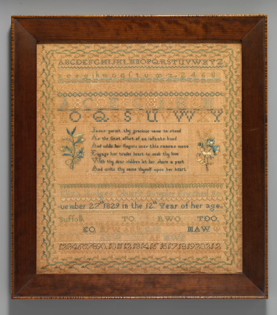 Sampler by Eliza Hodges Oliver, artwork, 1829