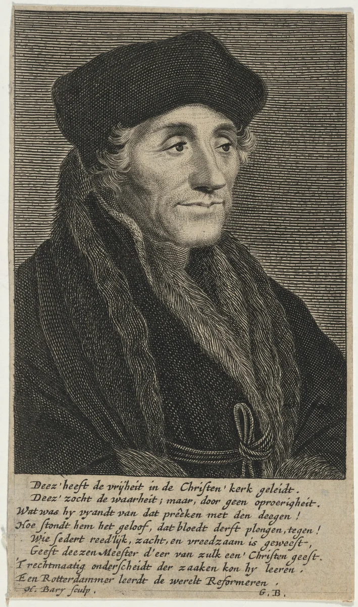 Desiderius Erasmus by Hendrick Bary; Hans Holbein the Elder, print, 1640-1707