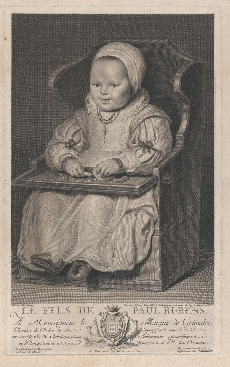Portrait of one of Cornelis de Vos' children (probably), seated in a baby chair by Manuel Salvador Carmona, print, 1762