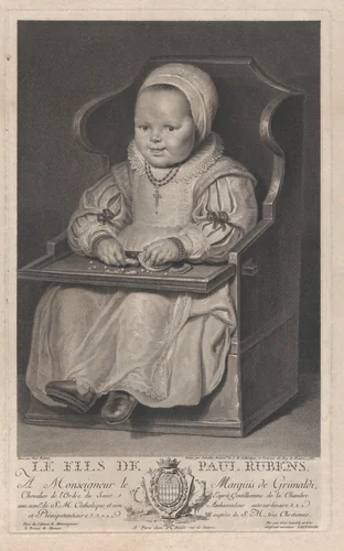 Portrait of one of Cornelis de Vos' children (probably), seated in a baby chair by Manuel Salvador Carmona, print, 1762
