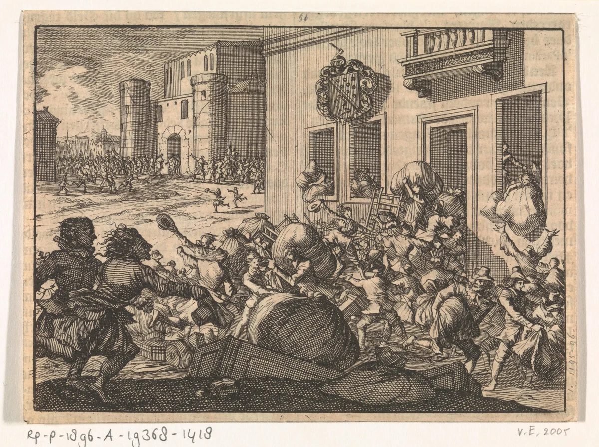 Oproer te Londen: het huis van William Laud wordt geplunderd en de Tower wordt door het volk bestormd om gevangenen te bevrijden, 1640 by Caspar Luyken, print, 1698