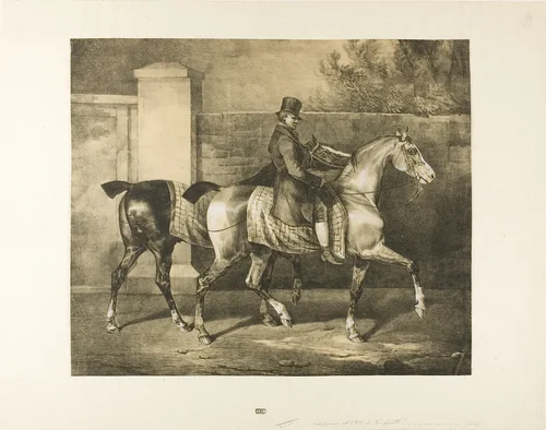 Two Horses Walked by a Jockey by Jean Louis André Théodore Géricault, print, 1822