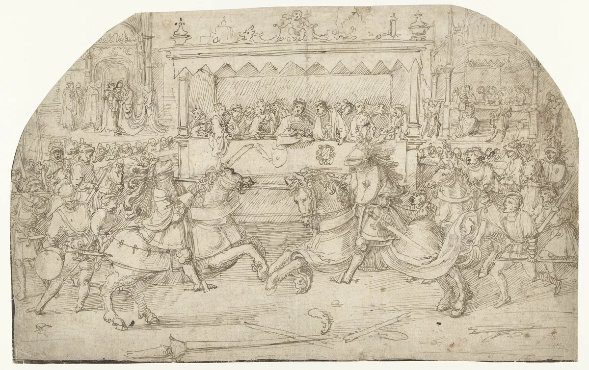 Steekspel ter gelegenheid van de bruiloft van een prins by Pseudo-Aert Ortkens, drawing, 1510-1530