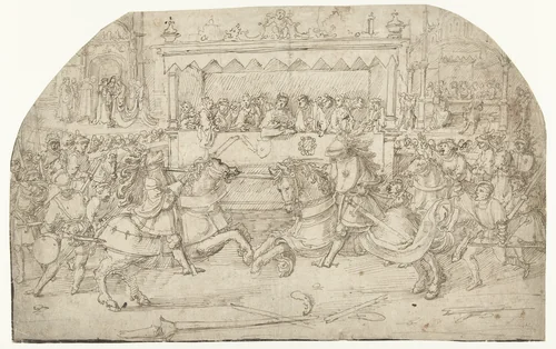 Steekspel ter gelegenheid van de bruiloft van een prins by Pseudo-Aert Ortkens, drawing, 1510-1530