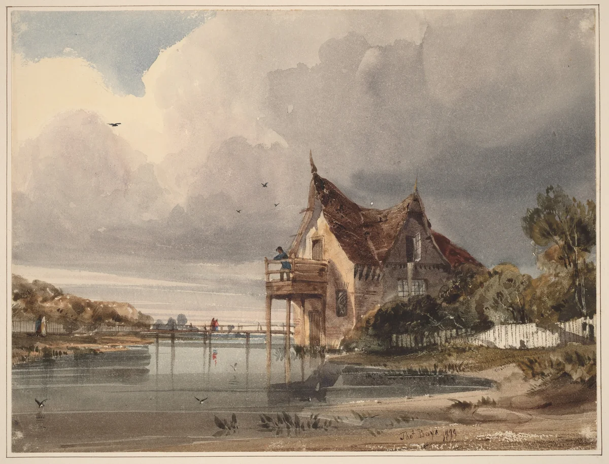 A River and Cottage with White Paling by Thomas Shotter Boys, drawing, 1833