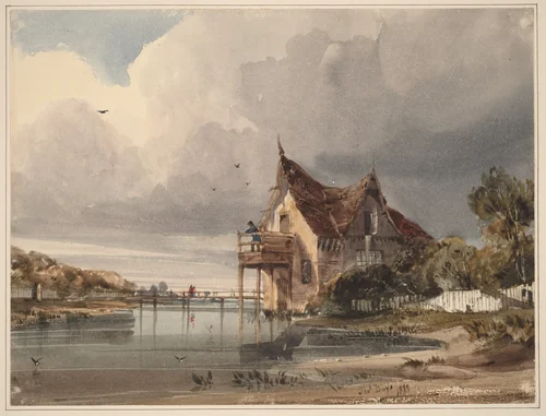 A River and Cottage with White Paling by Thomas Shotter Boys, drawing, 1833