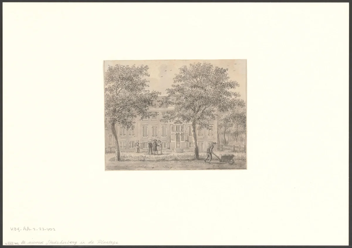 Gezicht op de Nieuwe Stadsherberg in de Plantage by Hermanus Petrus Schouten, drawing, 1757-1822