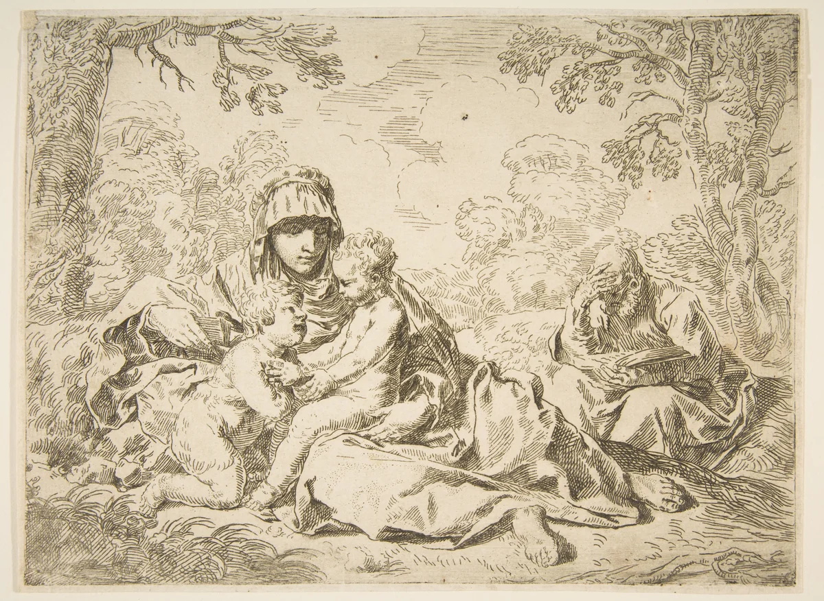 The Holy Family with Saint John the Baptist by Simone Cantarini, print, 1632-1642