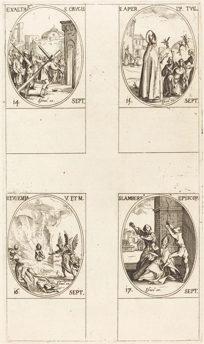 Exaltation of the Holy Cross; St. Aper; St. Euphemia; St. Lambert by Jacques Callot, print, 1627-1637