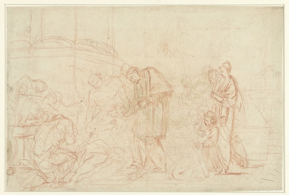 Heilige Carolus Borromeus bezoekt de pestlijders by anonymous, drawing, 1700-1800