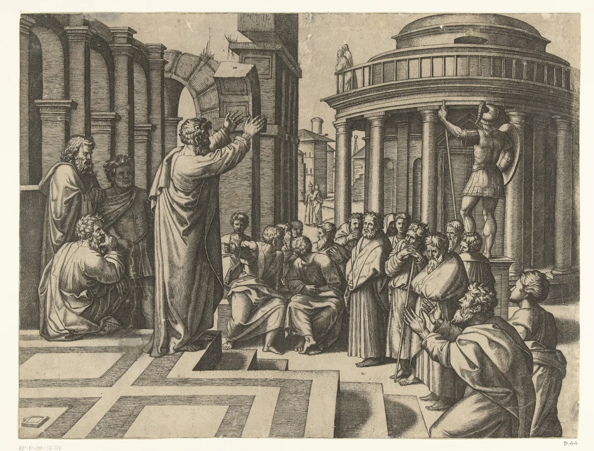 Paulus predikt in Athene by Unknown, print, 1517-1520
