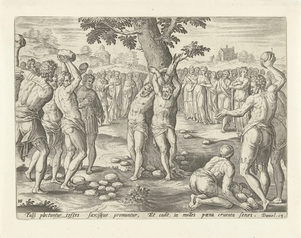 Steniging van de ouderlingen by Unknown, print, 1579
