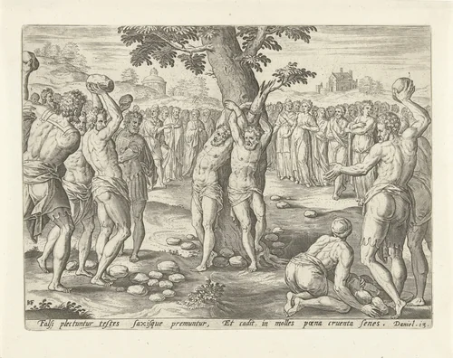 Steniging van de ouderlingen by Unknown, print, 1579