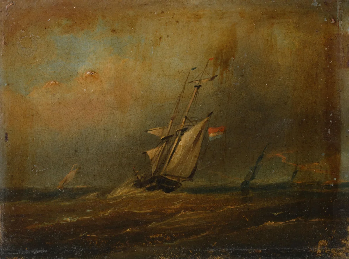 Woelige zee met zeilschepen by anonymous, painting, 1825-1874